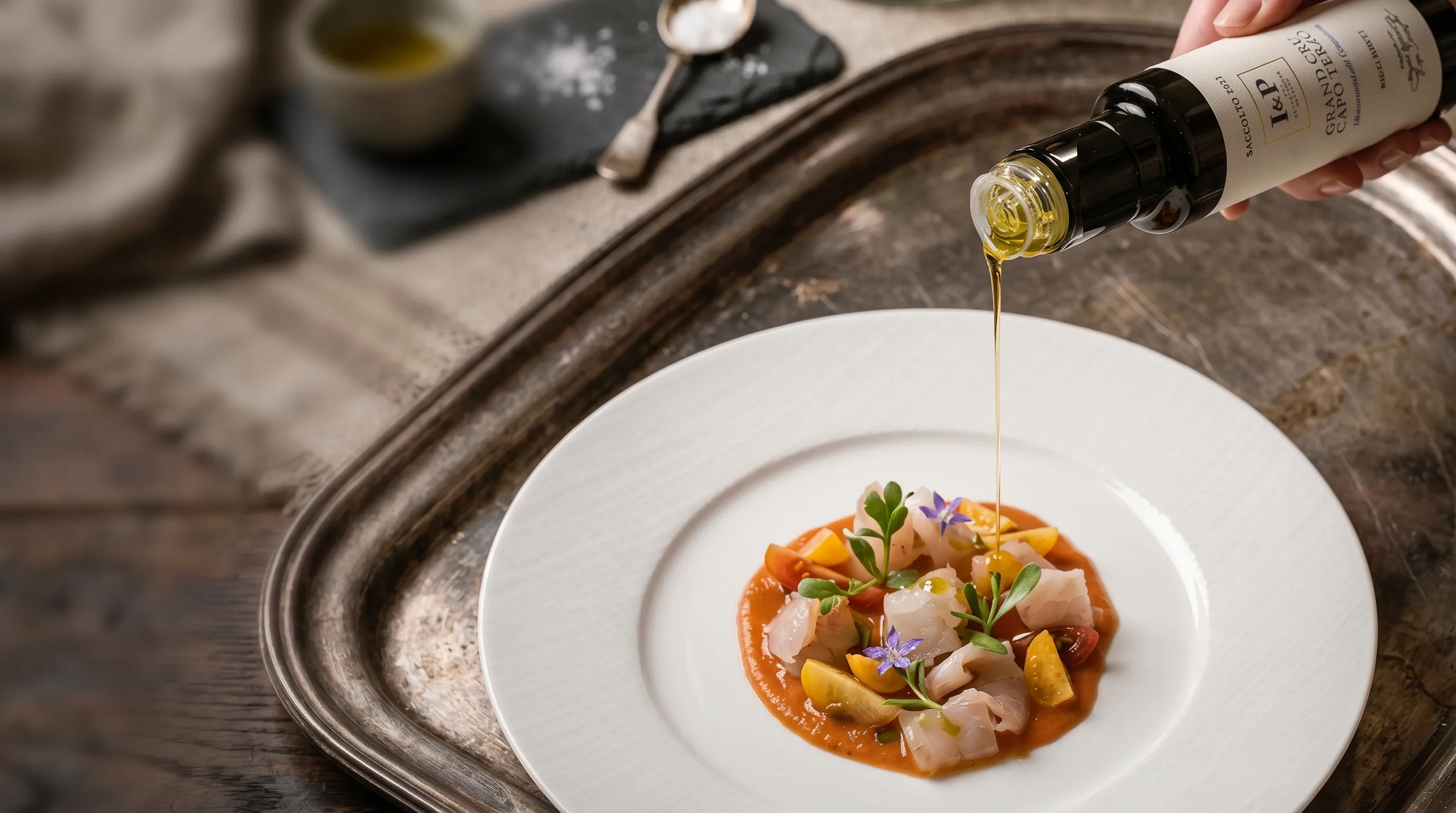 Grand Cru I&P versato su un piatto gourmet