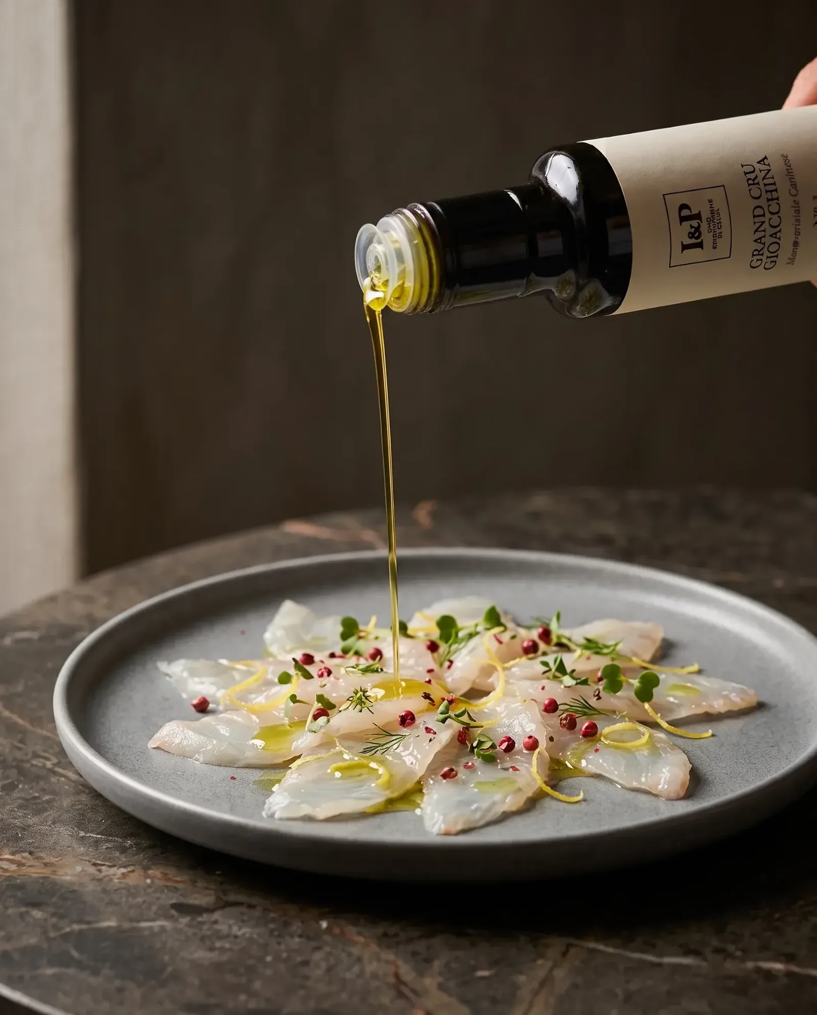 Olio extravergine Grand Cru Gioacchina versato su un carpaccio di pesce, Oppio Verde a Canino